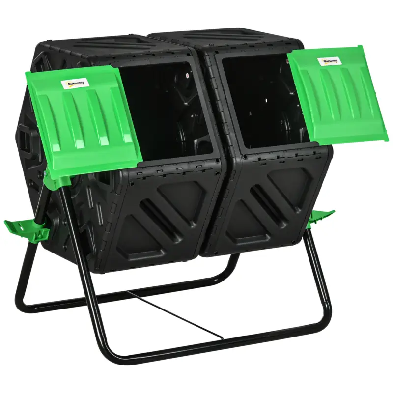 Outsunny Compostor de grădină bac pentru compost resturi rotativ 360° dublă cameră 130 L oțel PP 67 x 60 x 77 cm negru Plată securizată