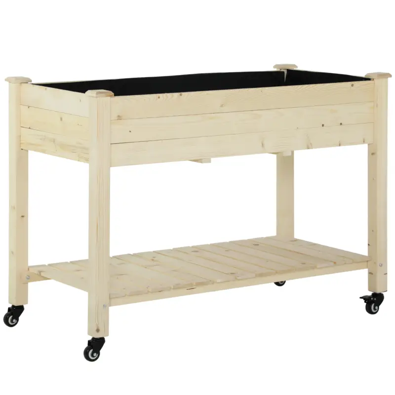 Preț promoțional Outsunny Pat de grădină înălțat din lemn cu roți și raft inferior, 118x55x83cm, lemn natural