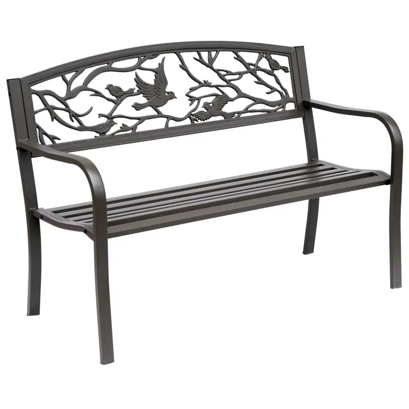 Outsunny Banca de Exterior din Otel si Fonta cu Spatar cu Decoratiuni 127x60cm Maro Preț promoțional