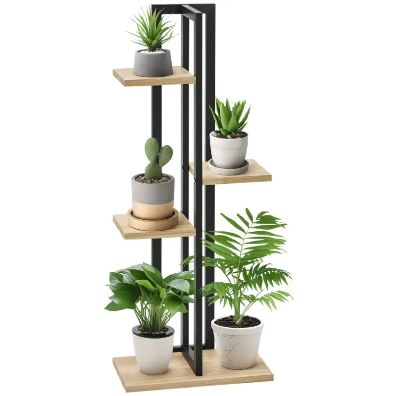 Outsunny Suport pentru Plante cu 4 Etaje din Lemn de Brad și Metal, 45x25x110 cm, Negru Disponibil imediat