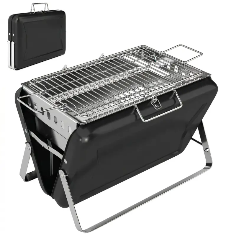 Cumpără acum Outsunny Grătar pe cărbune din oțel inoxidabil BBQ Smoker cu grilă, mâner și picioare pliante pentru barbecue camping 40x28x25,5cm Negru