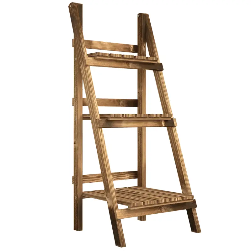 Chilipir Outsunny Suport pentru Plante Pliabil, Jardinieră cu 3 Niveluri, Raft de Exterior pentru Plante, 40x37x93 cm, Lemn Natural