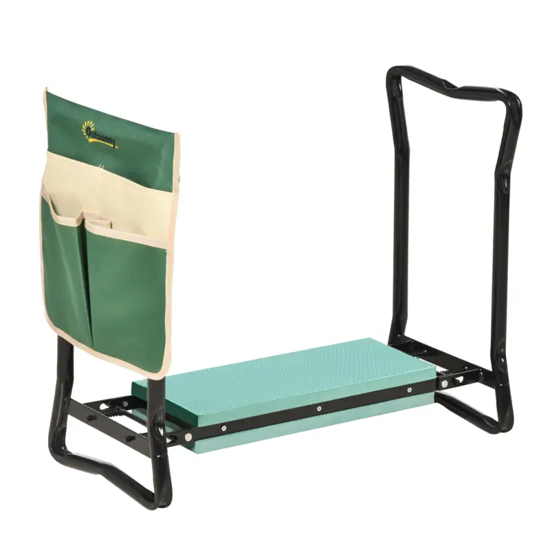 Outsunny Bancă de grădină 2 în 1 cu protecție pentru genunchi, pernuțe din spumă EVA și geantă pentru depozitare, 58x28x49 cm, Verde Premium