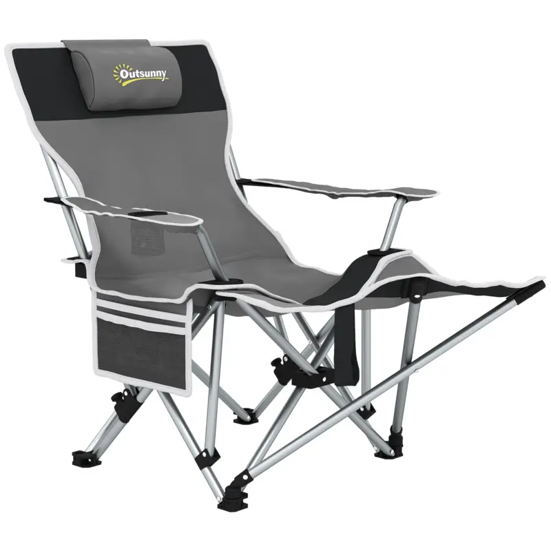 Outsunny Scaun de Camping Pliabil și Rabatabil cu Suport pentru Picioare Detașabil și Tetieră, 82x50/100x88 cm, Negru Calitate înaltă
