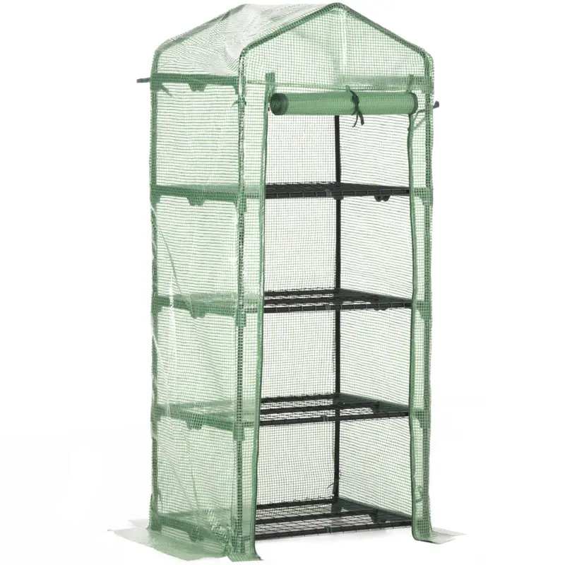 Comandă acum Outsunny Sera verticala cu raft pe 4 niveluri, sera cu balcon si terasa din otel si PE verde inchis, 70x50x160cm