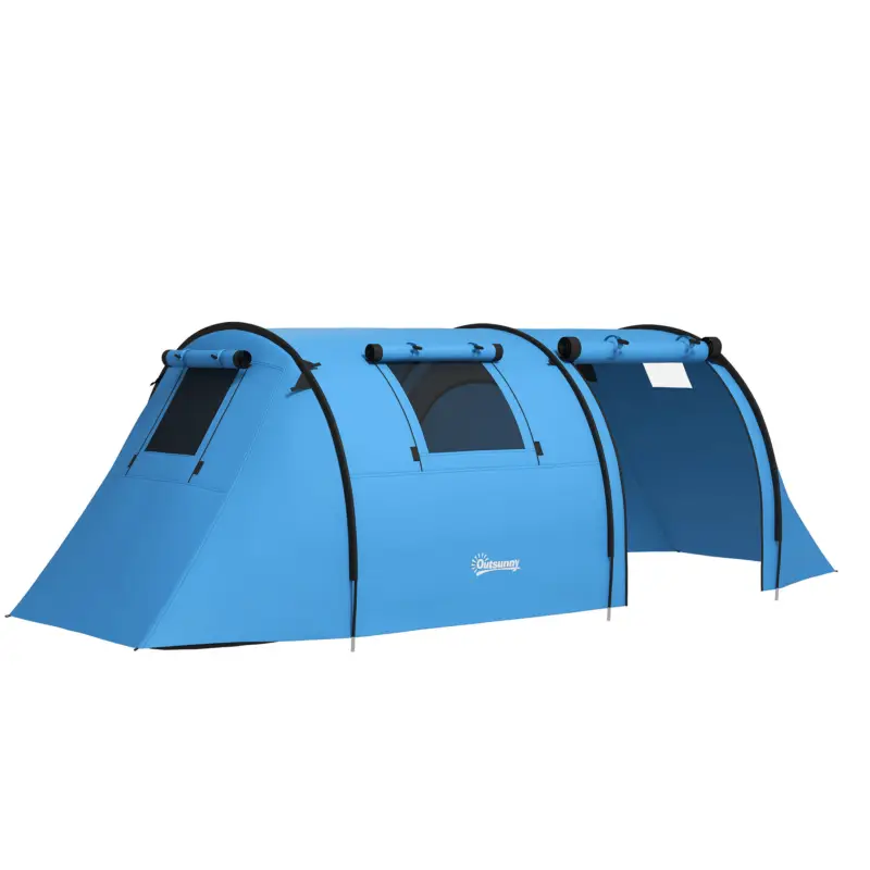 Expediere rapidă Outsunny Cort pentru 3 persoane cu ferestre, cârlig, geantă de transport, impermeabil 3000 mm 470x220x150 cm Albastru deschis