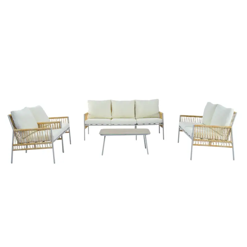 Set mobilier de grădină 7 locuri din PE-ratan și oțel zincat, măsuță cu blat din sticlă temperată cu efect lemn, perne lavabile, Bej Nu rata