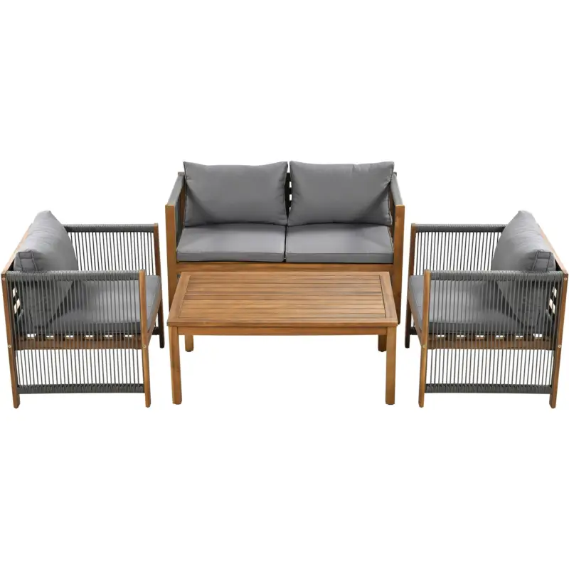 Premium Set de grădină din rattan sintetic cu perne confortabile, canapea dublă, 2 fotolii și masă pentru exterior, Gri