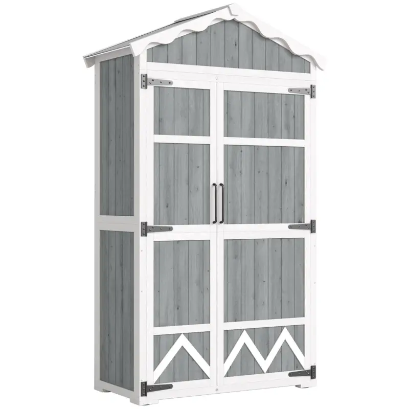Retur ușor Outsunny Căsuță de grădină din lemn 105x55x179 cm dulap pentru unelte cu 4 rafturi acoperiș din metal galvanizat gri