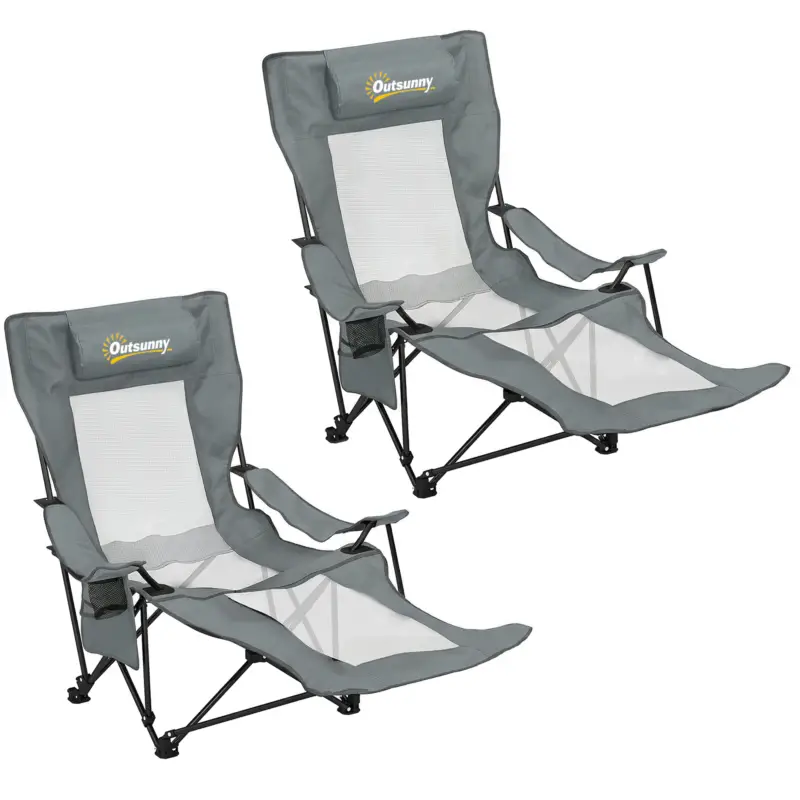 Outsunny Set de 2 scaune de camping pliante înclinate 4 poziții, suport picioare detașabil, suport pahar, 165x80x90cm, Gri Preț mic