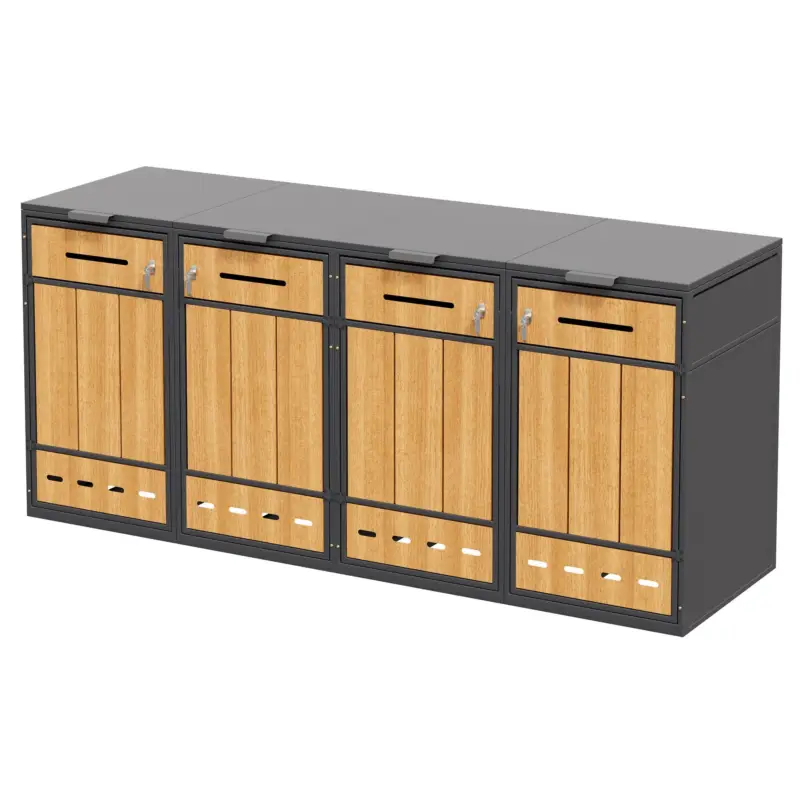 Cutie pentru pubele cu capace rabatabile și uși cu deschidere frontală, pentru 4×120–240 l , 264x84,5x118 cm, Gri+Culoare naturală Retur ușor