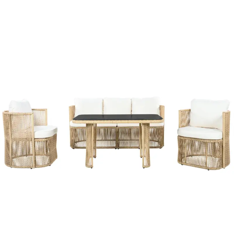 Cumpără acum Set mobilier de grădină din PE‑rattan, 5 piese, canapea 3 locuri, 2 fotolii și masă cu blat din sticlă, Bej+Negru+Alb