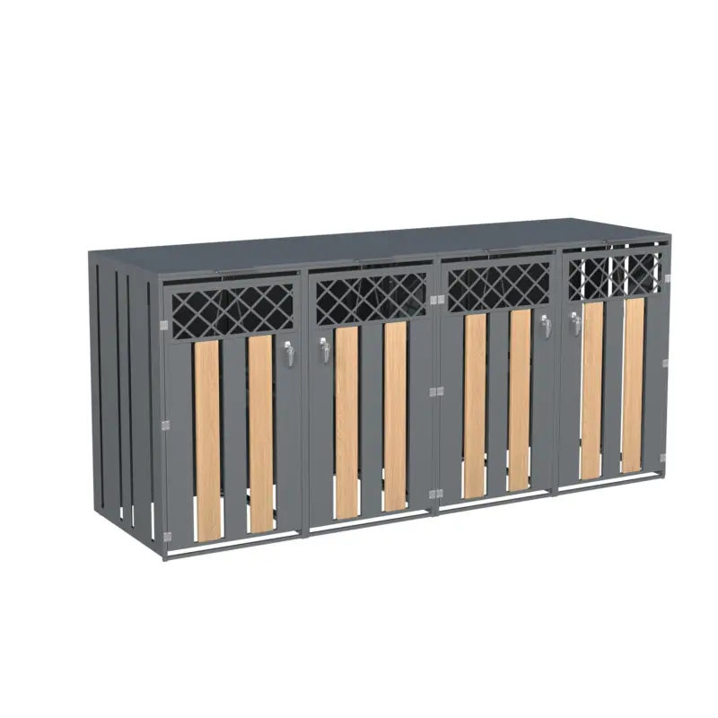 Reducere extra Cutie pentru pubele cu capac rabatabil asistat hidraulic, 4 compartimente separate, pentru exterior, 264x80x118,5 cm, Gri+Culoare naturală