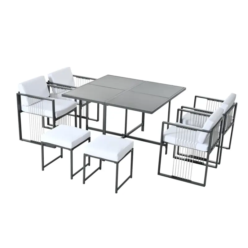 Set de grădină 7 piese pentru 6 persoane, masă din sticlă securizată, 4 scaune împletite și 2 taburete pentru picioare, Negru+Alb Super ofertă