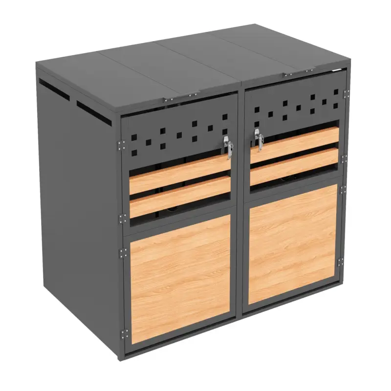 Boxă pentru pubele cu capac rabatabil hidraulic, uși duble încuiabile și două compartimente, 132x80x120 cm, Gri+Culoare naturală Reduceri