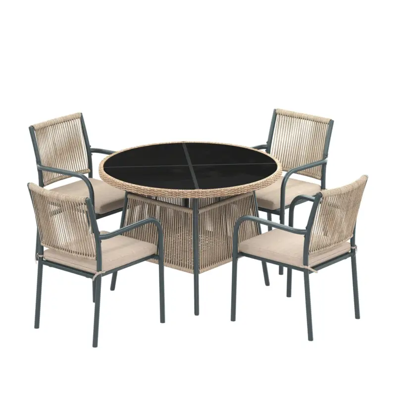 Livrare rapidă Set mobilier de grădină modern, 5 piese, masă rotundă cu blat din sticlă securizată, 4 scaune cu brațe cu spătar din sfoară, Gri