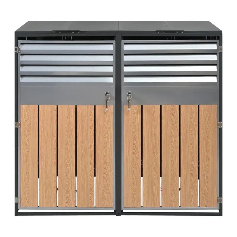 Cutie pentru pubele cu capac rabatabil hidraulic, design în două părți pentru 2 pubele, 132x80x118,5 cm, Gri+Culoare naturală Ofertă limitată