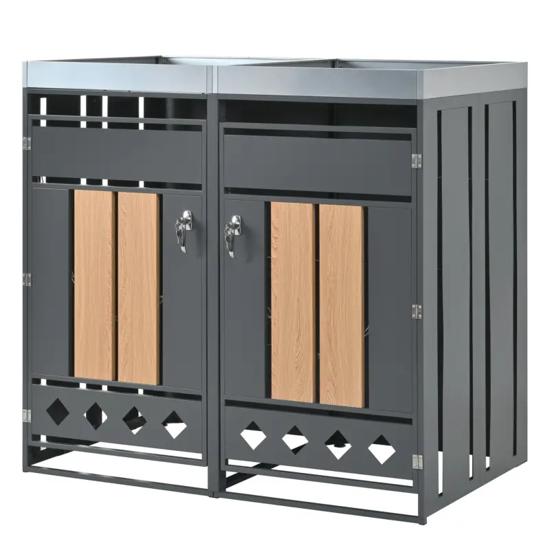 Cutie pentru pubele cu jardinieră integrată, încuiabilă, pentru 2 pubele standard, 132x80x124,5 cm, Gri+Culoare naturală Expediere rapidă