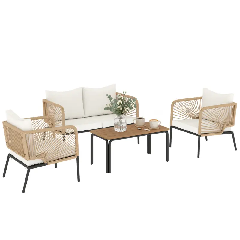 Ultima șansă Outsunny Set mobilier de grădină, grup de șezut pentru 4 persoane, lounge cu sofă 2 locuri, 2 fotolii, masă cu lamele, împletitură tip sfoară, perne lavabile