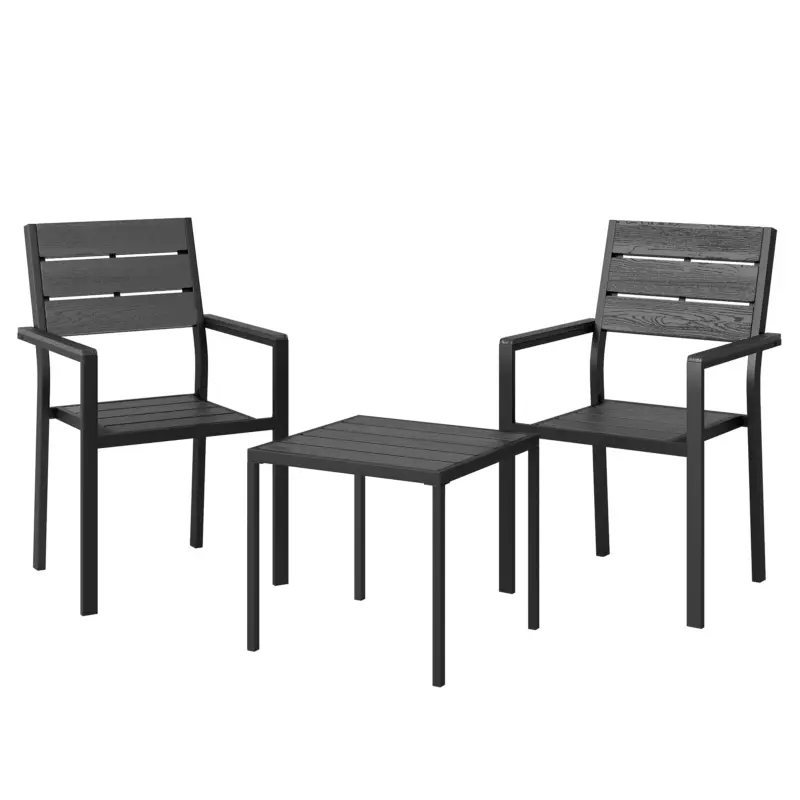 Calitate înaltă Outsunny Set bistro de grădină 3 piese masă bistro cu 2 scaune, design lamele, aspect lemn, blat HDPE rezistent la rugină
