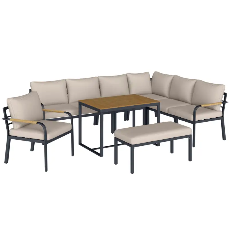 Outsunny Set mobilier grădină 7 piese Colțar modular exterior cu masă WPC și pouf bej și gri Transport gratuit