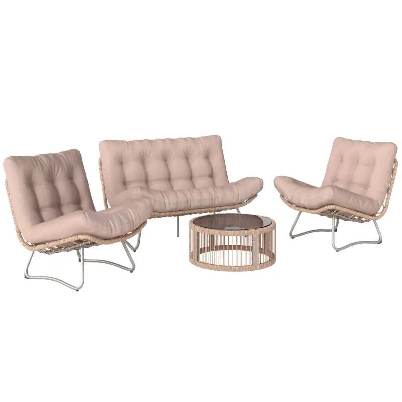 Outsunny Set mobilier grădină 4 piese Polyrattan Lounge cu canapea 2 locuri 2 fotolii masă cu sticlă șezut lat și adânc perne groase Cumpără acum