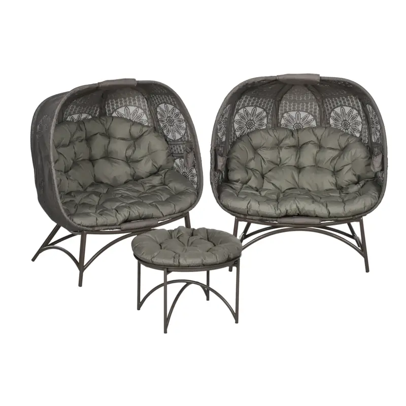 Ofertă specială Outsunny Set de mobilier de grădină, 2 scaune din răchită cu masă auxiliară, pliabil, perne pentru șezut, cadru metalic, Culoare: Nisip