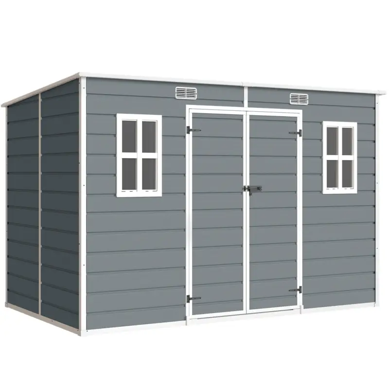 Cumpără online Outsunny Depozit pentru Unelte cu 2 Intrări, Ferestre și Orificii de Aerisire, din PP și Aluminiu, 303x183x184 cm, Gri