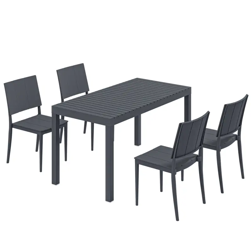 Outsunny Set mobilier de grădină, grup de scaune 5 piese, masă lată cu 4 scaune stivuibile, design lamelar pentru 4 persoane, gri închis Preț redus