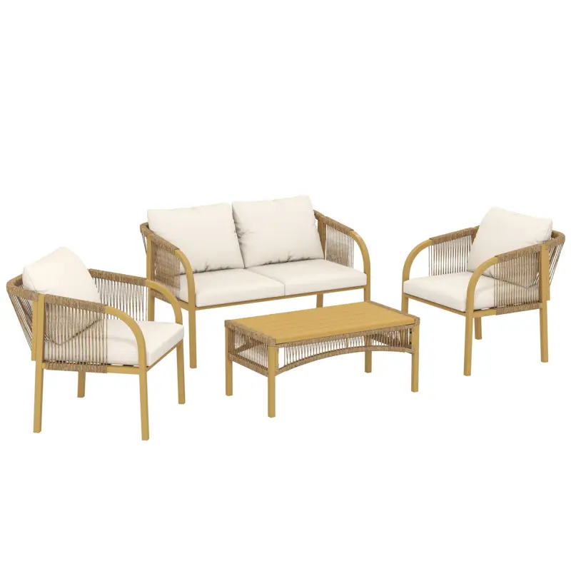Outsunny Set mobilier de grădină exterior 4 piese cu canapea 2 fotolii masă perne, oțel rășină împletită, 120x72x73cm, Kaki Preț mic