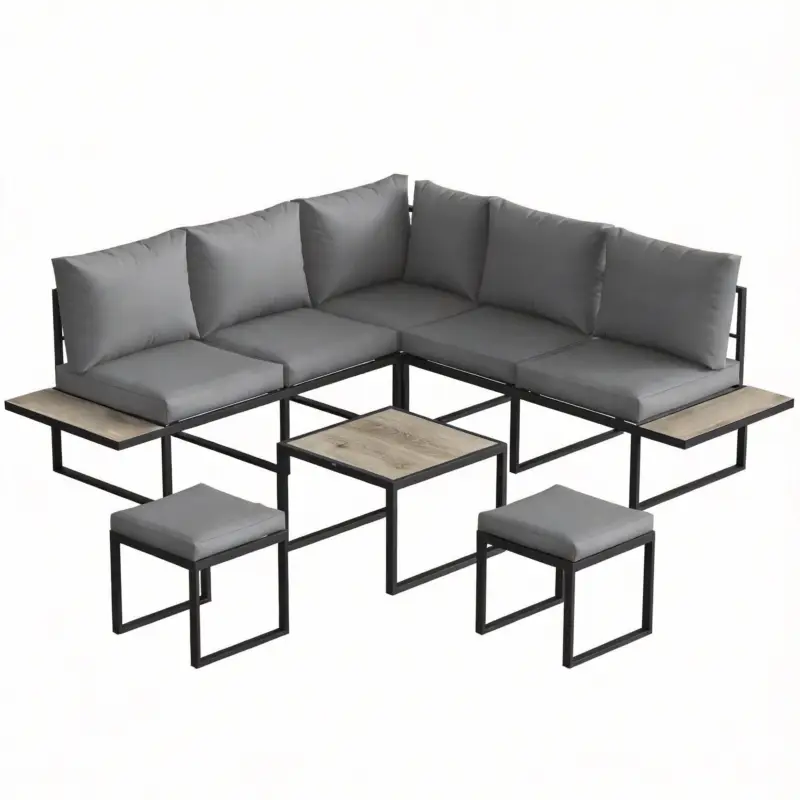 Preț redus Outsunny Set mobilier grădină exterior 6 persoane modulabil masă de cafea și blaturi laterale din lemn PSPC perne groase 10cm gri
