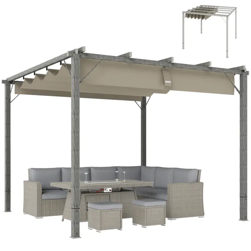 Cumpărături sigure Outsunny Pergolă de Grădină 3 x 3 m, Acoperiș de Terasă Ajustabil, Cadru din Aluminiu, Protecție Solară UPF30+, Gri