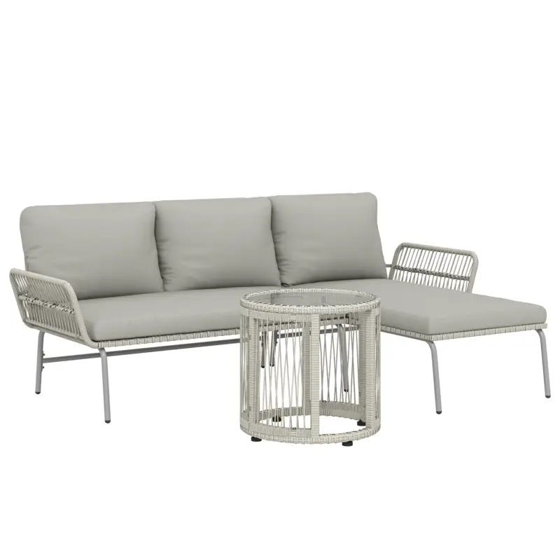 Premium Outsunny Set mobilier de grădină din poliratan 3 piese, set lounge cu chaiselongue canapea pentru două persoane masă cu sticlă perne detașabile