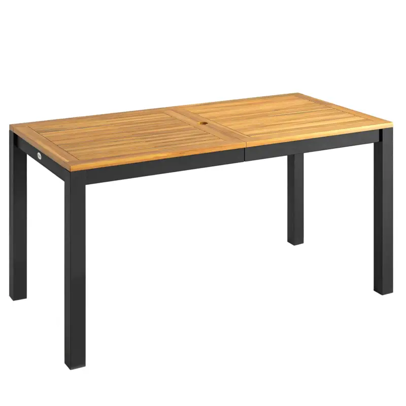 Reduceri Outsunny Masă de grădină din lemn pentru 6 persoane cu suprafață din șipci, orificiu 150x75x75 cm, natural