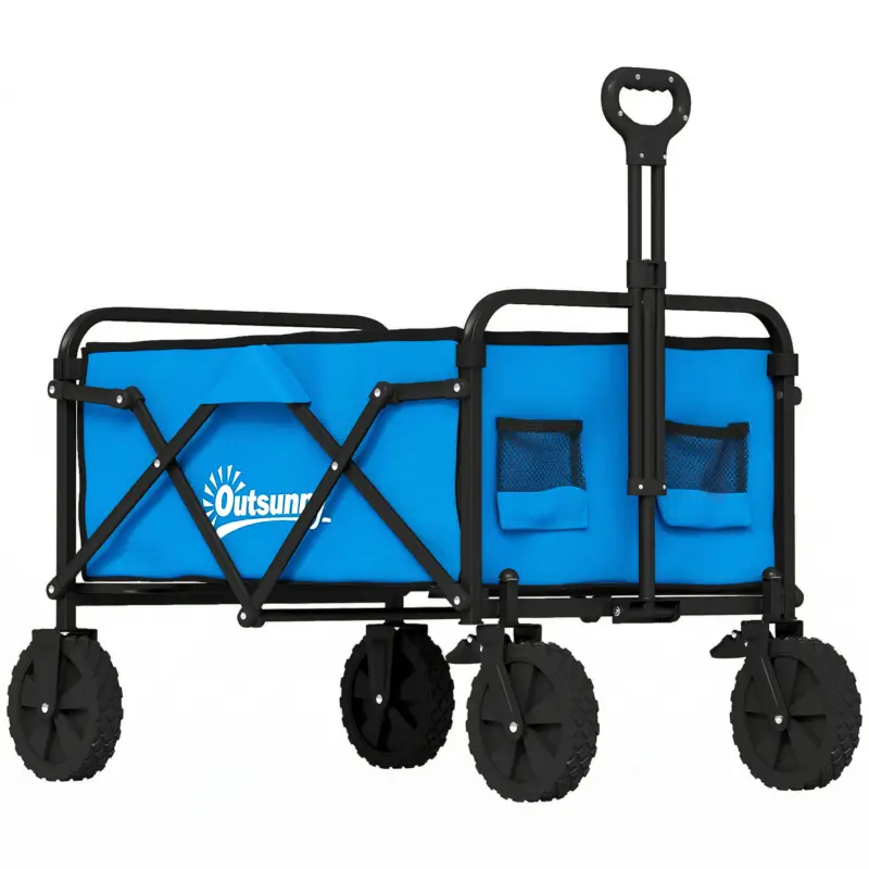 Outsunny Cărucior de Grădină Pliabil cu Roți Blocabile Mâner Reglabil Suport Pahare Capacitate 80 kg pentru Camping 85x50x99 cm Albastru Plată sigură