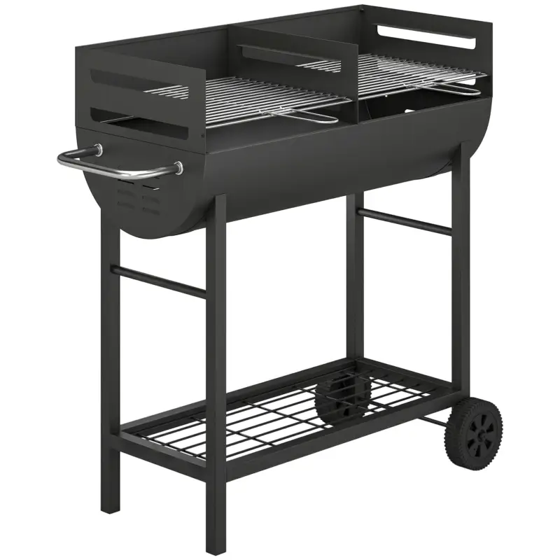 Ofertă specială Outsunny Grătar pe cărbune cărucior cu 2 zone de gătit grilă reglabilă pe înălțime raft pentru lemne roți mâner lateral, 103 x 46,5 x 100cm