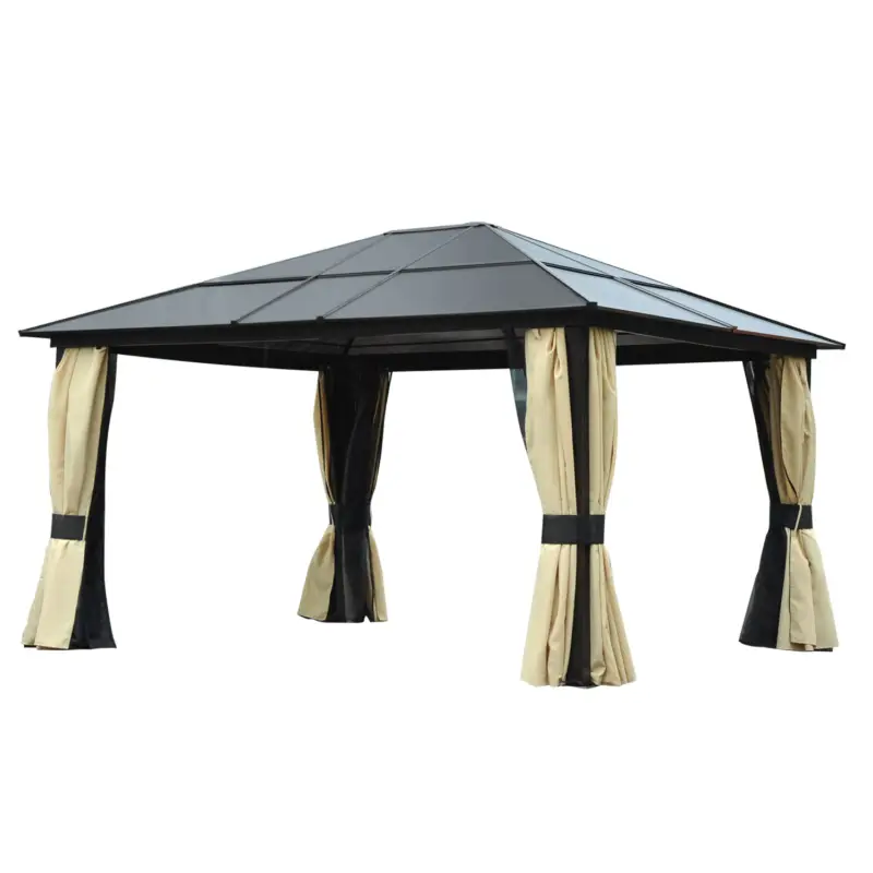 Outsunny Pavilion de grădină Hardtop 4.2 x 3.6 m, Draperii cu plasă împotriva insectelor, Structură din aluminiu, Maro+Crem Cumpără online