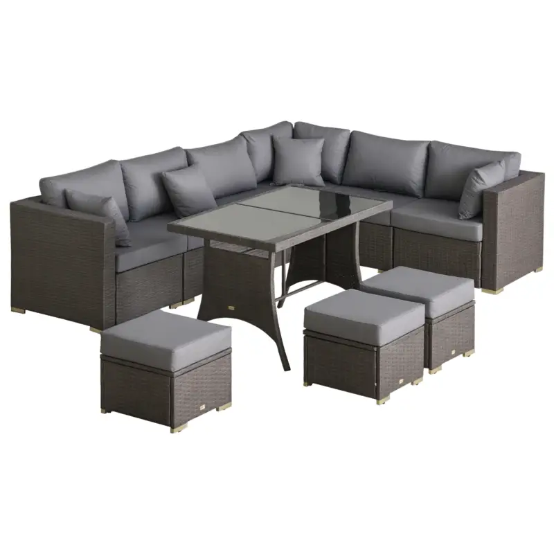 Outsunny Set de Mobilier de Gradina cu 10 Piese in Ratan, cu Perne pentru Scaun si Spatar, Cadru Metalic, Gri Inchis Livrare rapidă