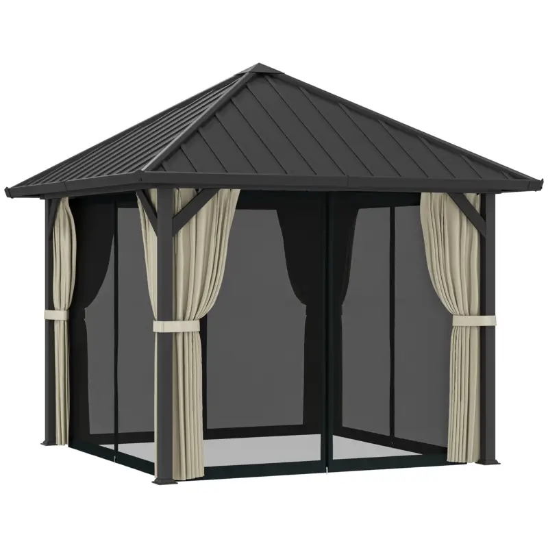 Ieftin Outsunny Pavilion cu acoperiș solid 3 x 3 m, pavilion de grădină cu acoperiș metalic, cort de grădină impermeabil cu plasă și pereți laterali, Gri închis