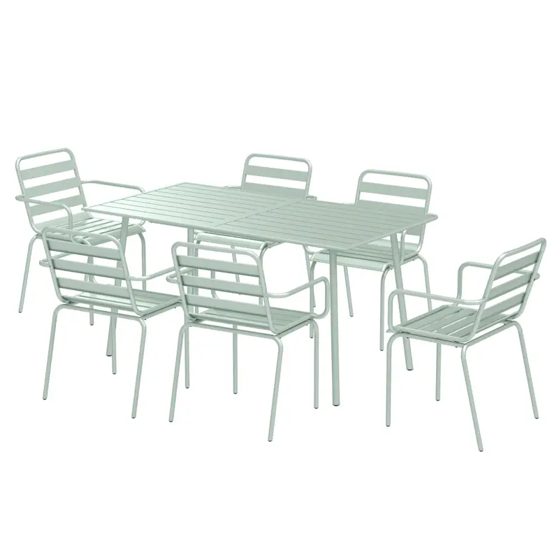 Bestseller Outsunny Set de grădină - set de luat masa 7 piese cu 1 masă și 6 scaune suprapuse din oțel, verde deschis