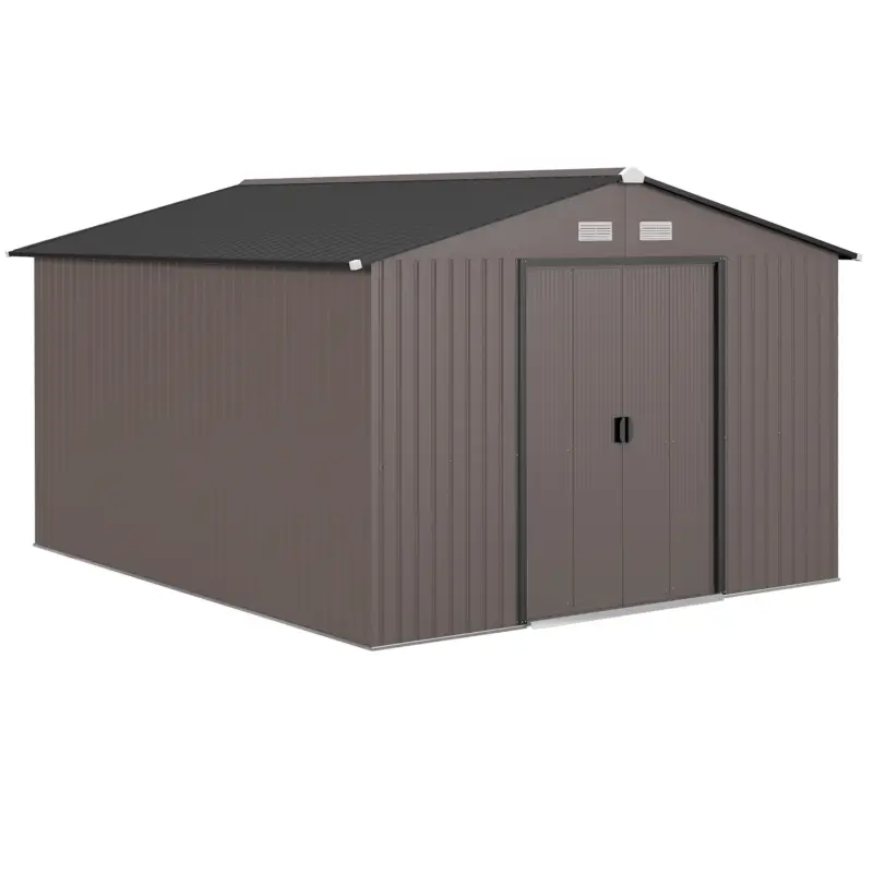 Reduceri Outsunny Casă de Grădină cu 2 Uși Glisante și 4 Ventilații din Oțel, 322x277x192 cm, Maro