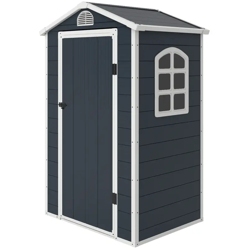 Nu rata Outsunny Casa de unelte 1,9m², adăpost rezistent la intemperii cu acoperiș în două ape și ușă, 134x104x204cm, Gri închis