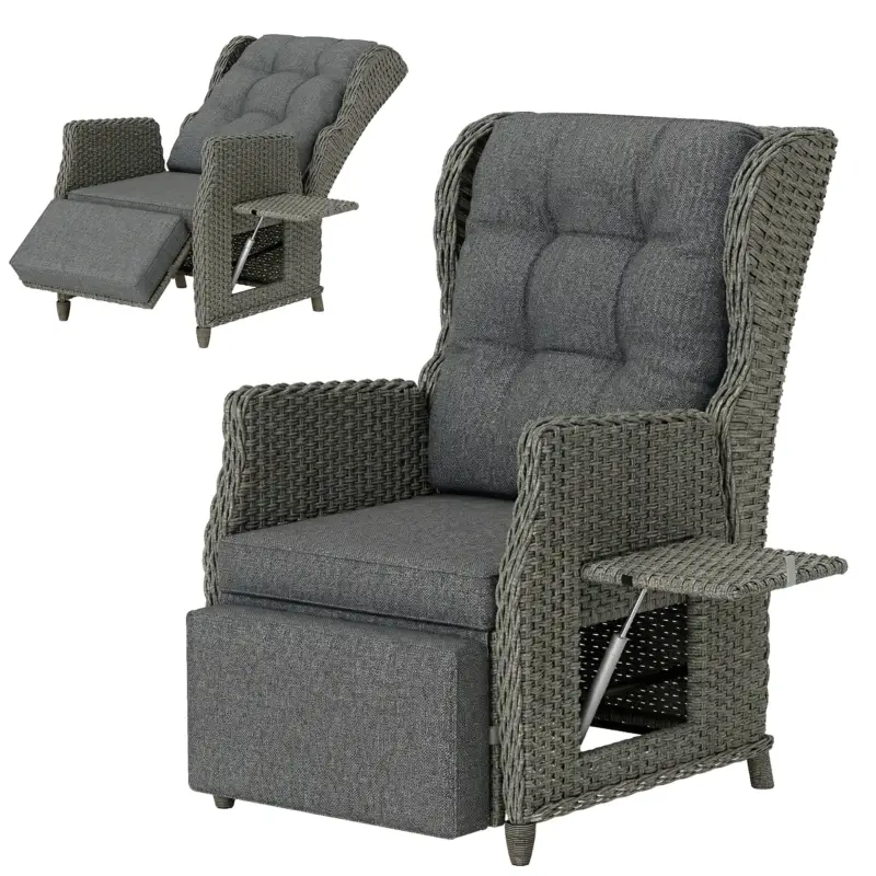 Transport gratuit Outsunny Scaun ratan cu masă rabatabilă, șezlong scaun de grădină spătar reglabil și suport pentru picioare 81 x 58 x 98,5 cm Gri închis