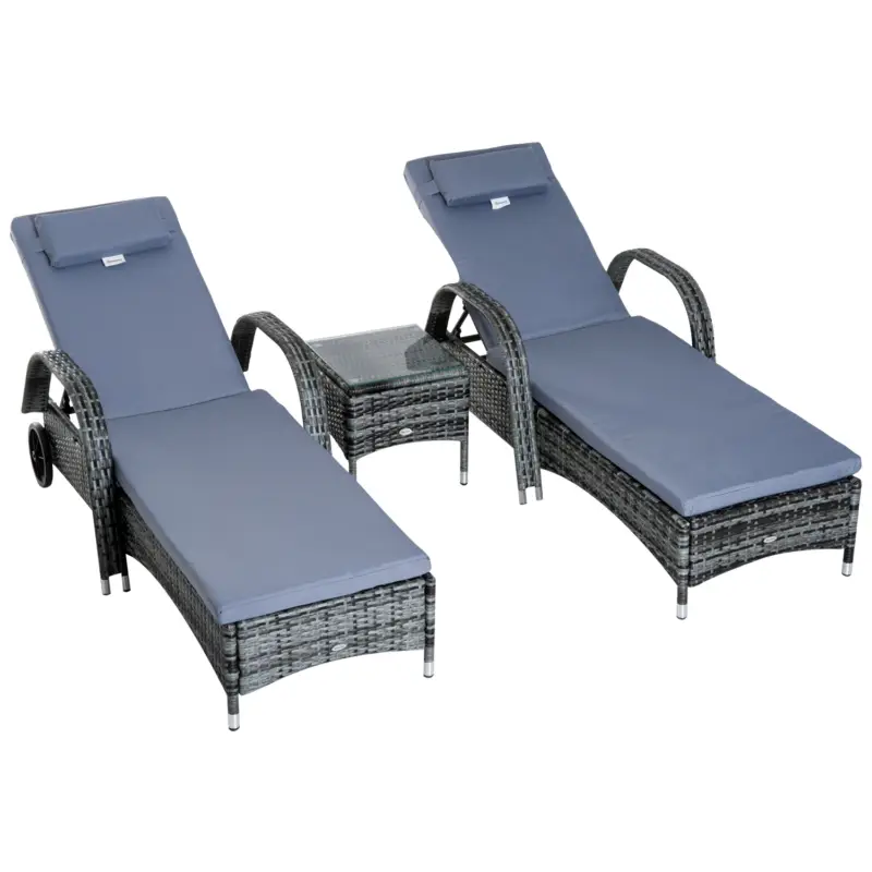 Outsunny Set 2 Sezlonguri si 1 Masuta de Gradina in Poli ratan Gri cu Saltea Captusita si Roti Livrare gratuită