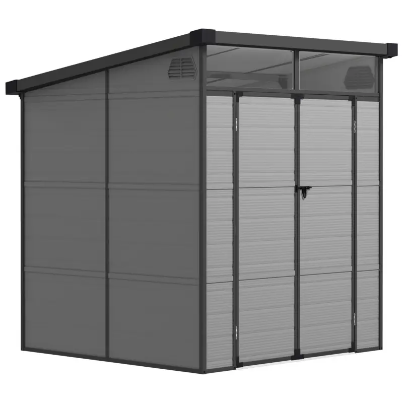 Reducere de preț Outsunny Căsuță de Grădină din Plastic pentru Unelte cu Ferestre, Orificii de Aerisire și Încuietoare, 1.9x1.9 m, Gri Deschis