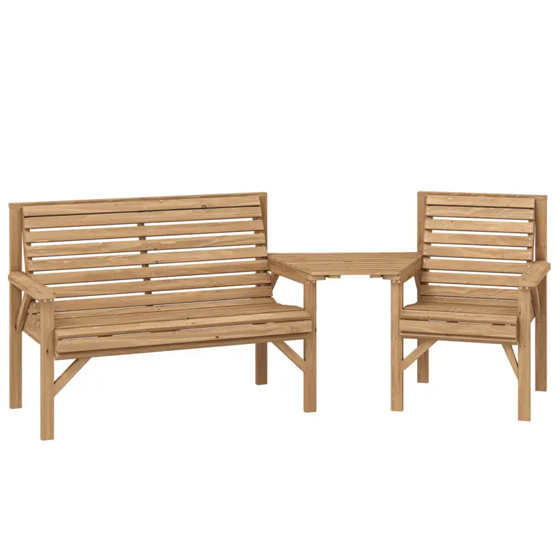 Outsunny Set 3 scaune de grădină, mobilier balcon cu orificiu pentru umbrelă, scaun de grădină, bancă, masă detașabilă 121x65x90 cm Lemn natural Expediere rapidă