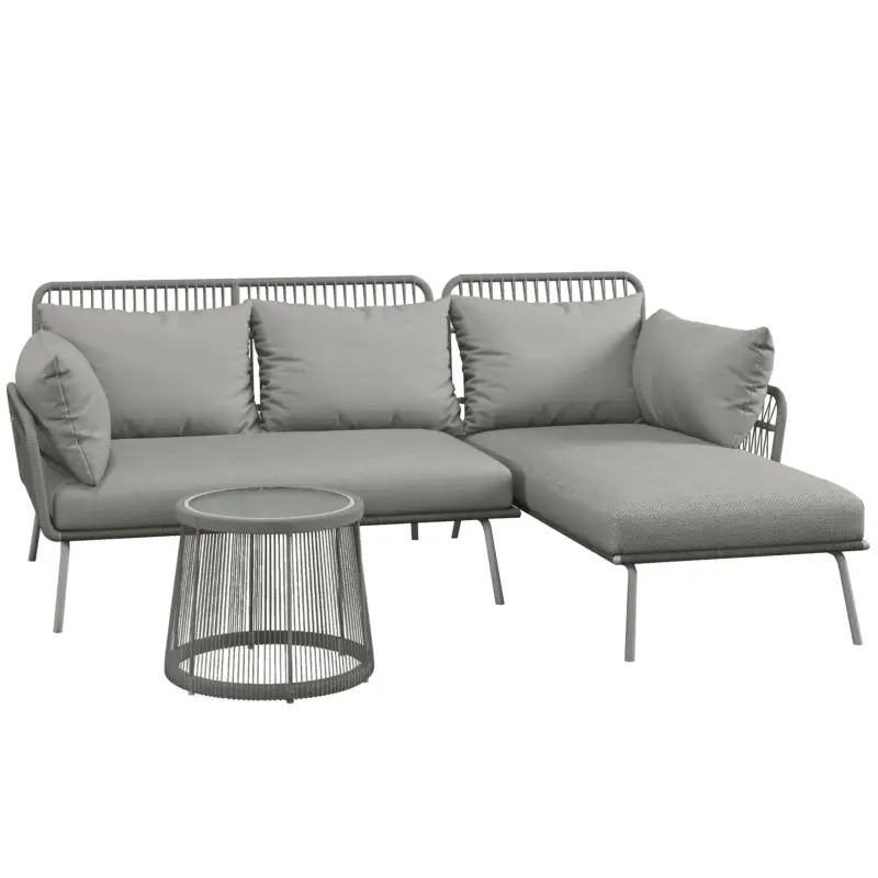 Outsunny Set Mobilier de Grădină din 3 Piese cu Canapea, Şezlong cu Perne şi Măsuţă, 125x77x82 cm, Gri Deschis Disponibil imediat