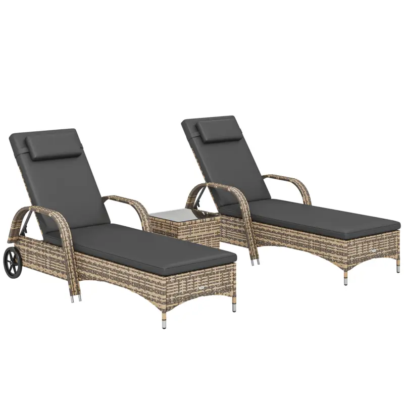 Outsunny Set de 2 șezlonguri : saltea, tetieră, înclinare reglabilă, roți + măsuță de cafea cu sticlă securizată gri închis Retur gratuit