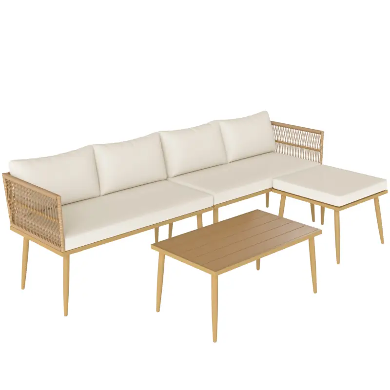 Outsunny Salon de grădină exterior din rășină impletită 5 locuri modular 2 canapele, pouf și masă de cafea, perne incluse, crem Transport gratuit
