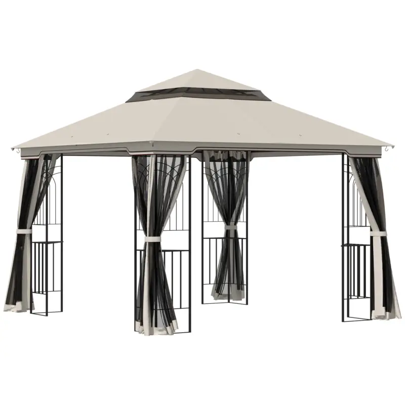 Popular Outsunny Pavilion de grădină cu acoperiș dublu, cort pentru petreceri, cu 4 x pereți laterali, Metal+Poliester, Bej, 2,99 x 2,99 x 2,74 m